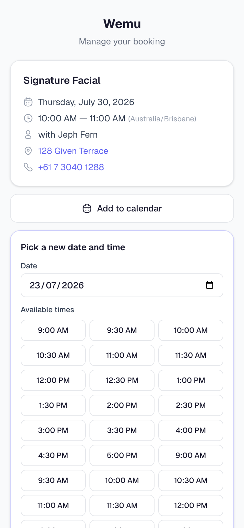 The reschedule step: pick a new date and choose from the available times