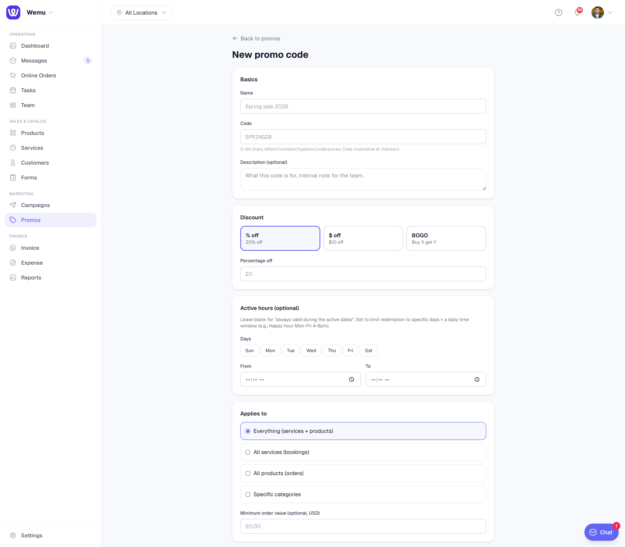 The "Applies to" section with radio buttons for All / Services / Products / Categories